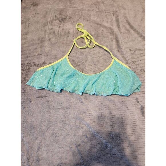 Victoria Secret Sequin Flounce Halter Swimsuit Bikini Top Size M Teal Blue - Picture 1 of 3